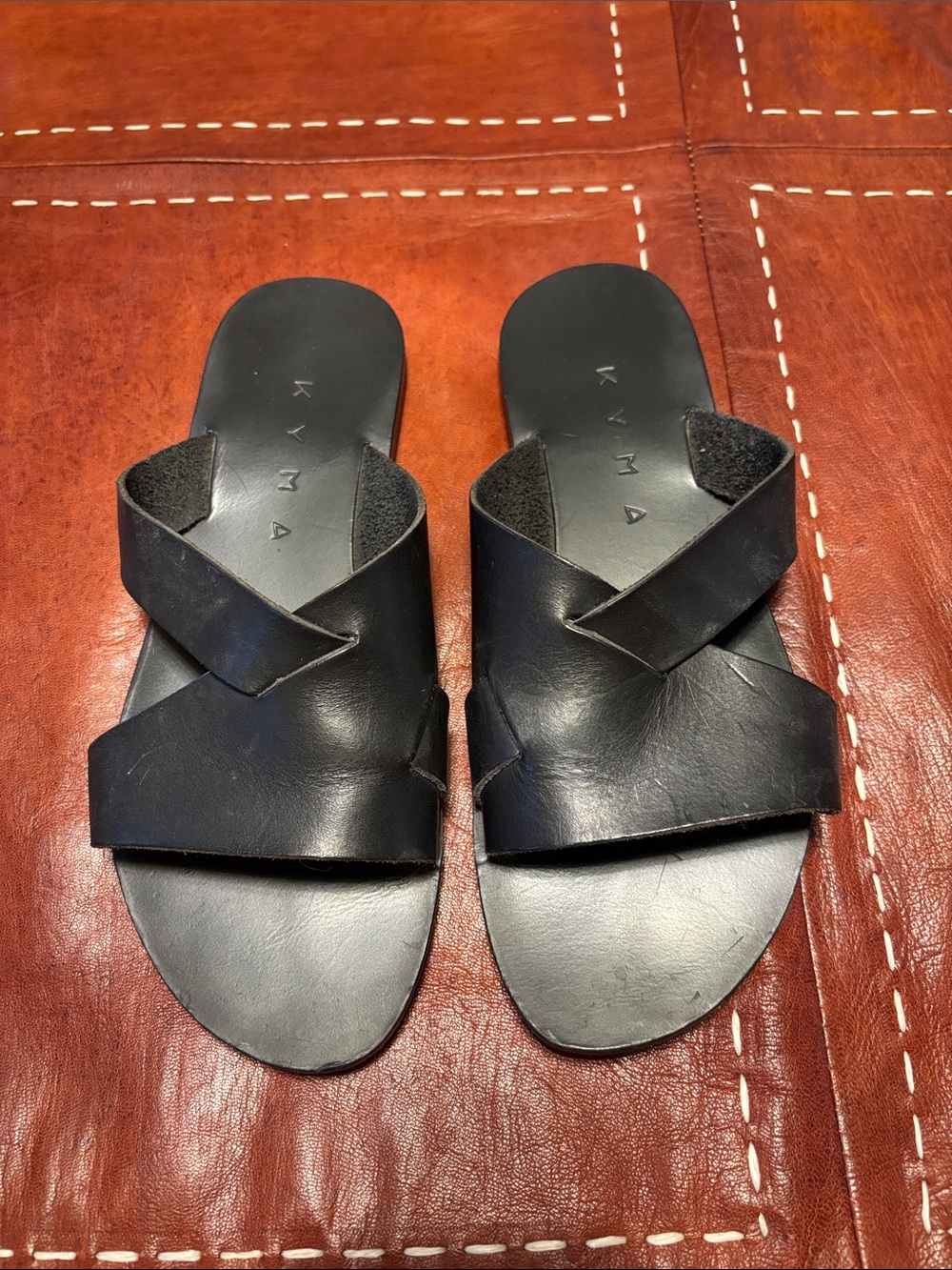 Black Leather Cross-Strap Sandals